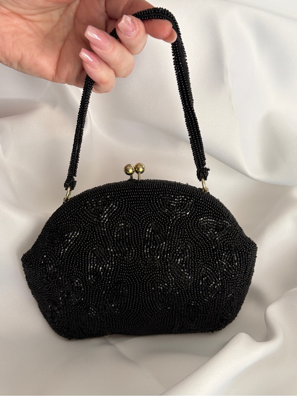 Vintage Black Beaded Evening Bag Floral Kiss Lock Mini Purse